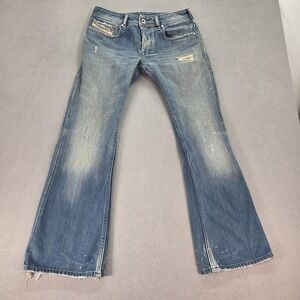 Diesel Zathan Jeans Mens 29x30 Blue Bootcut Button Fly Distressed Thrashed
